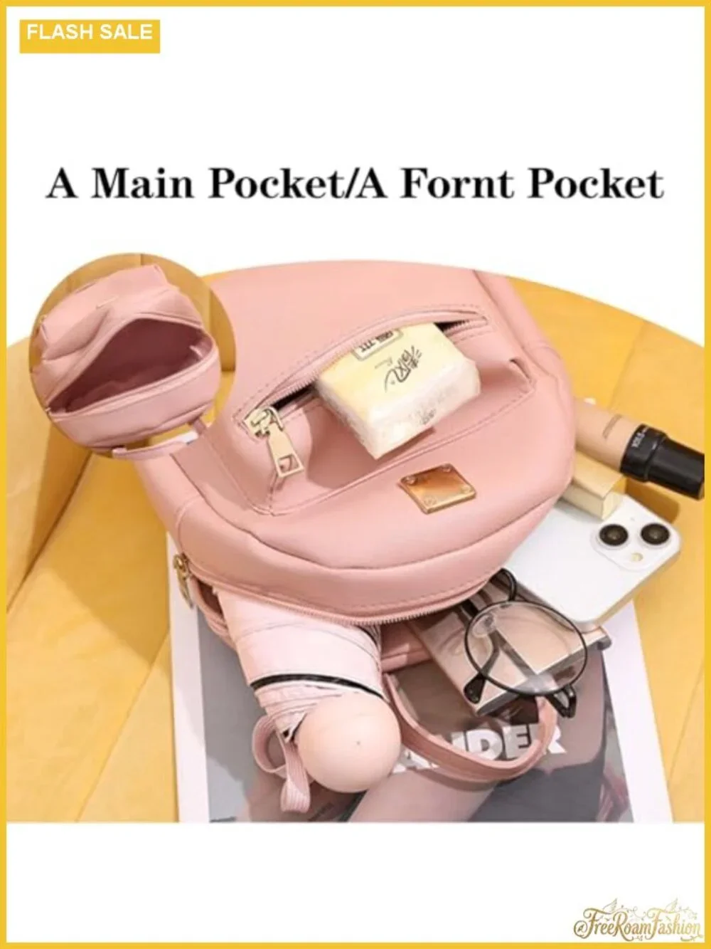 Women's Small Faux Leather Backpack Purse, Adjustable Strap, 2 Pockets, Travel